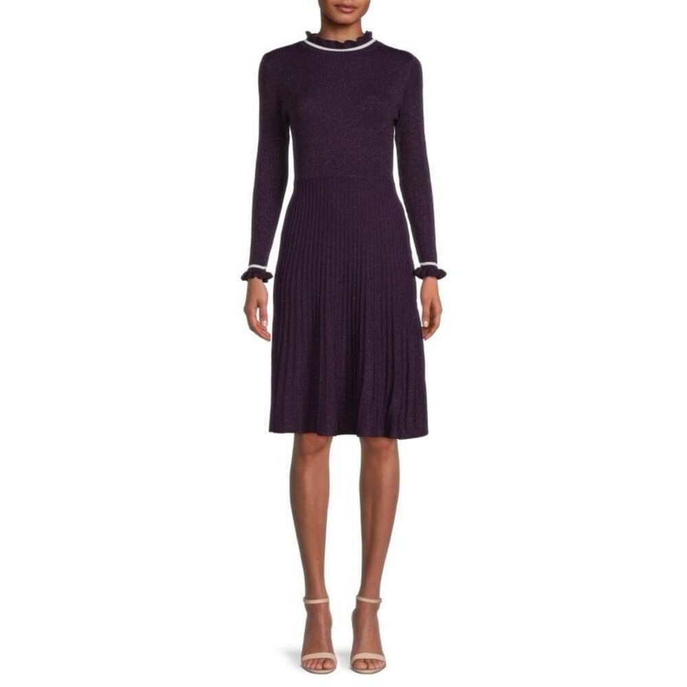 Nanette Lepore Gabriella High Neck Ruffle Trim Metallic Tipped Sweater Dress XS